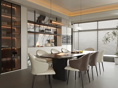 Modern Restaurant Interior Design With Round Table White And Brown Chairs Wine Cabinet Window Blinds 3d model