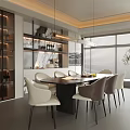 Modern Restaurant Interior Design With Round Table White And Brown Chairs Wine Cabinet Window Blinds
