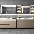 Modern Bathroom Vanity with Double Sink Marble Countertop Beige Cabinets Backlit Mirror Gray Walls Toiletries