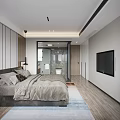 Modern Bedroom Interior With Striped Wall Colorful Rug Glass Door And Table Lamp