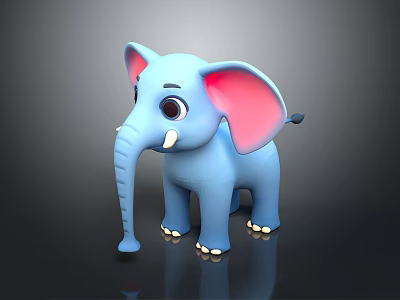 Adorable Blue 3D Cartoon Elephant Featuring Pink Ears And Big Eyes 3d model