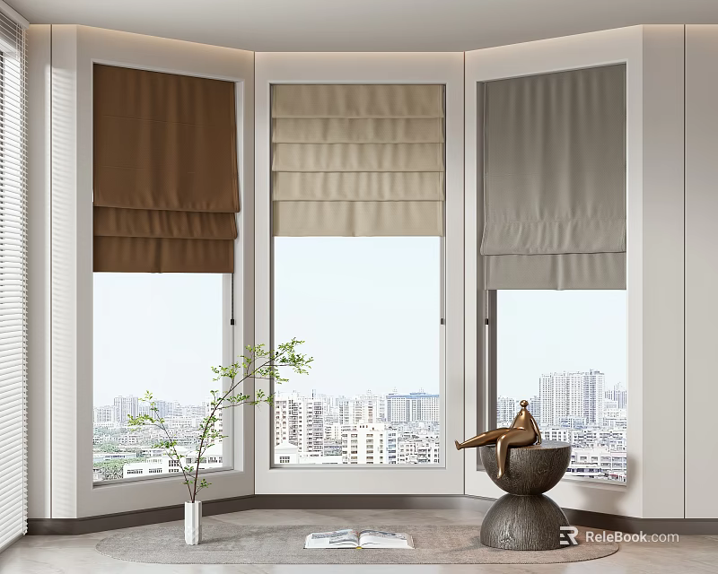 Elegant Roman Blinds in Dark Brown Beige and Light Gray for Arched Windows Modern Interior 3d model 