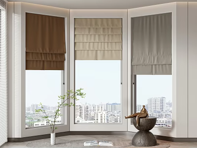 Elegant Roman Blinds in Dark Brown Beige and Light Gray for Arched Windows Modern Interior 3d model