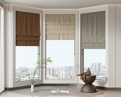 Elegant Roman Blinds in Dark Brown Beige and Light Gray for Arched Windows Modern Interior 3d model