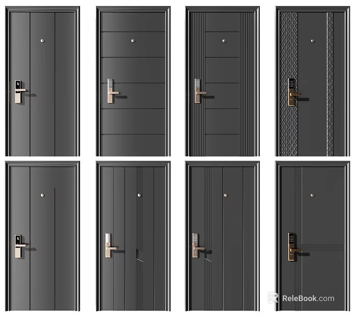 Modern Hinged Doors With Different Panel Patterns And Metal Handle Designs 3d model