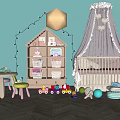 Baby Nursery Teal Wall String Lights House Shaped Bookshelf Toys Around White Crib