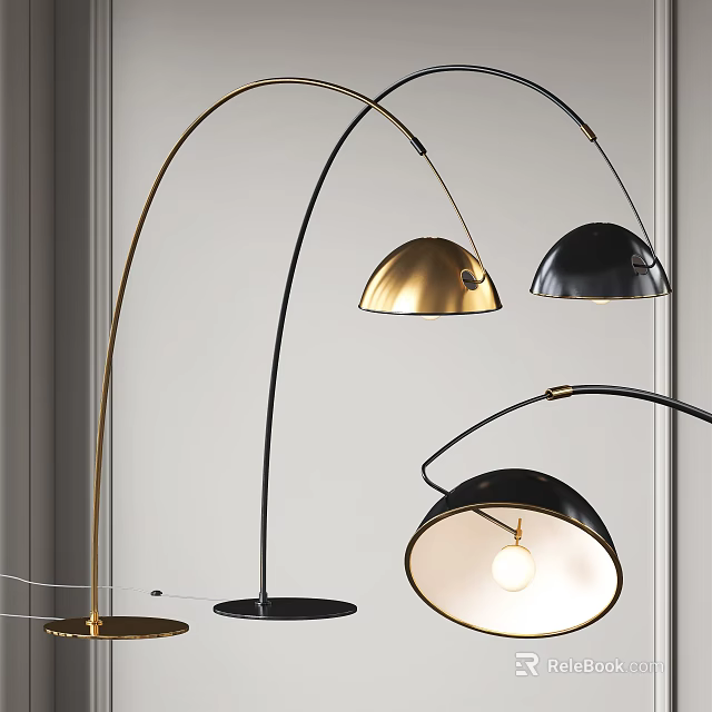 Modern Arched Floor Lamp Designs With Gold And Black Metallic Shades And Sturdy Bases 3d model 