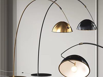 Modern Arched Floor Lamp Designs With Gold And Black Metallic Shades And Sturdy Bases 3d model