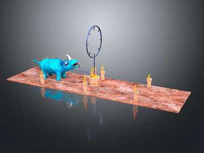 Blue Creature Monster Near Circular Ring With Lit Candles On Brown Platform 3d model