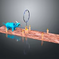 Blue Creature Monster Near Circular Ring With Lit Candles On Brown Platform