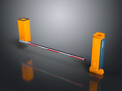 Automatic Parking Barrier Gate With Yellow Control Cabinets And Red White Striped Boom 3d model
