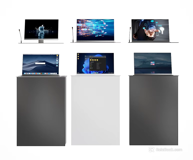 Laptop Display Setup With Various Screen Contents On Different Color Cabinets 3d model