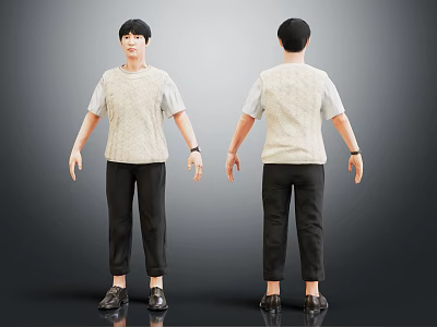 Man In Light Colored T Shirt Black Pants And Black Shoes Front Back Views 3d model