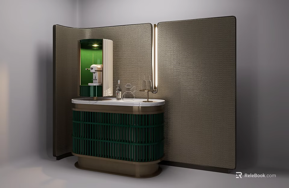 Hotel Guest Room Bathroom With Green Cabinet Countertop Textured Wall And Mirror 3d model 
