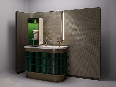Hotel Guest Room Bathroom With Green Cabinet Countertop Textured Wall And Mirror 3d model
