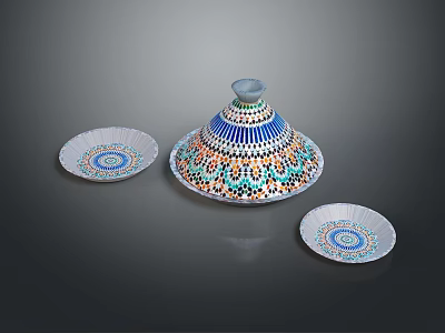 Artistic Sculpted Decorative Set With Colorful Intricate Patterns On Ceramic Plates And Lid 3d model