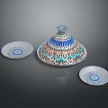Artistic Sculpted Decorative Set With Colorful Intricate Patterns On Ceramic Plates And Lid