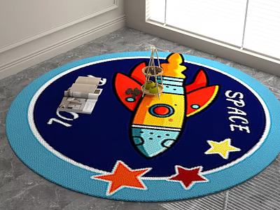 Round Blue Space Themed Carpet With Rocket And Stars For Kids Room 3d model