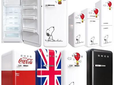 Various Mini Fridges With Snoopy Coca Cola Union Jack Patterns And Designs 3d model