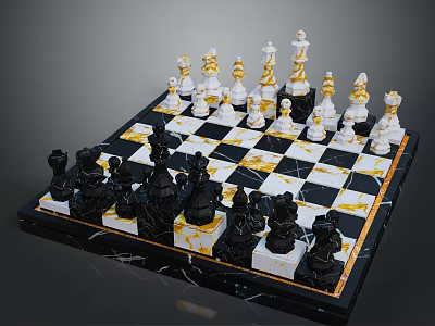 Elegant Marble Chess Set With Black White Gold Pieces For Home Decor 3d model