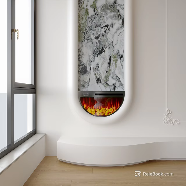 Modern Fireplace With Marble Panel And Flames In White Interior 3d model
