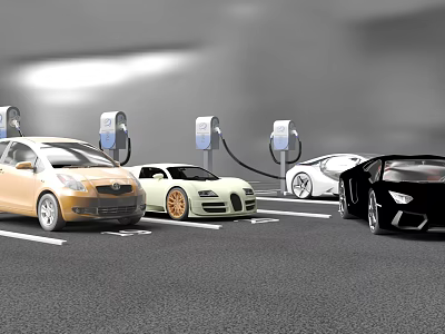 Various Cars Including Sedans And Sports Cars Charging At Electric Station 3d model