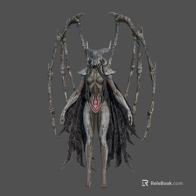 Mythical Creature Character Design Featuring Biomechanical Limbs Intricate Armor Horned Headpiece And Dark Flowing Cape 3d model 
