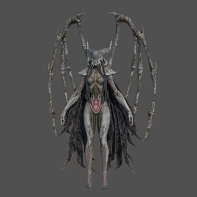 Mythical Creature Character Design Featuring Biomechanical Limbs Intricate Armor Horned Headpiece And Dark Flowing Cape 3d model