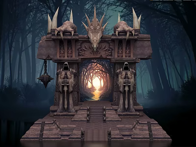 Enchanted Cartoon Scene Featuring Dragon Decor Gateway Stone Statues And Glowing Forest Archway 3d model