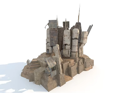 Complex Industrial Futuristic Mechanical Structure Featuring Metal Stone Towers And Antennas 3d model
