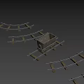 Wooden Rail Tracks With Curved Sections And Mine Cart On Gray Background