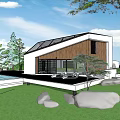 Modern Detached Villa Featuring Wooden Exterior Large Glass Windows Green Lawn and Trees