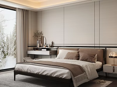 Modern Minimalist Bedroom Interior With Large Window Snowy Forest View Textured Wall And Cozy Bedding 3d model