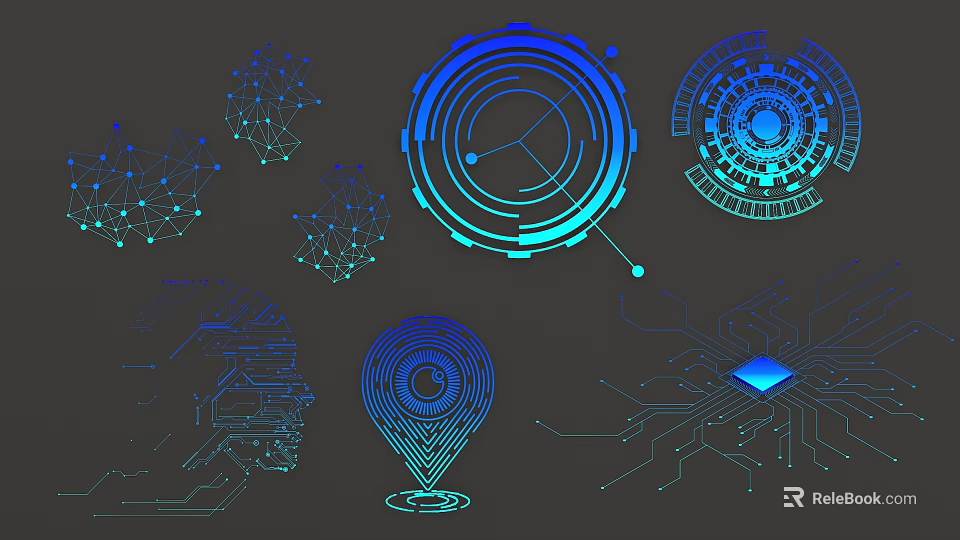 Blue Digital Tech Graphics Featuring Circular Interfaces And Circuit Elements 3d model