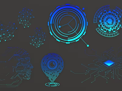 Blue Digital Tech Graphics Featuring Circular Interfaces And Circuit Elements 3d model