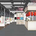 Japanese Style Restaurant Interior With Wooden Counter Red Lanterns And Wall Murals