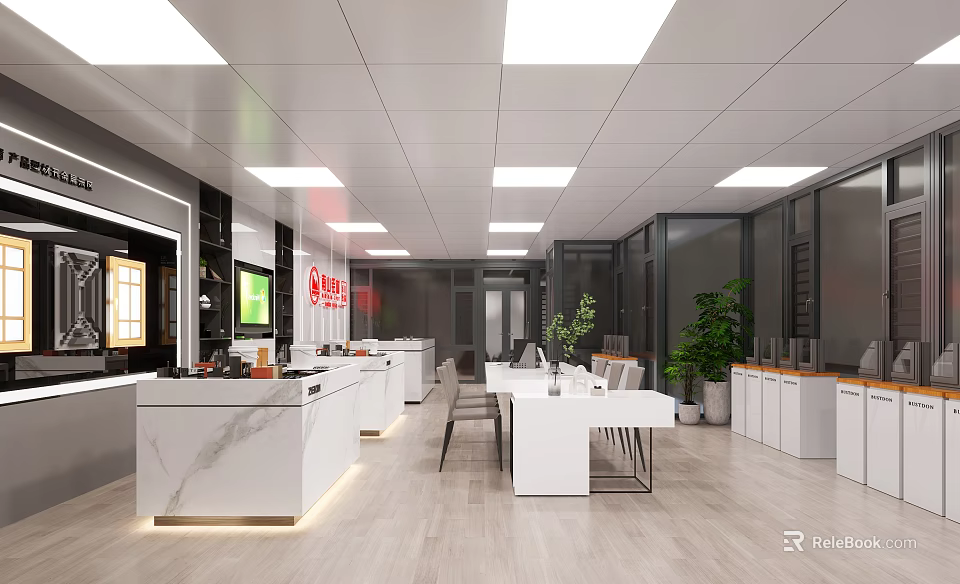 Modern Office Reception Area With White Marble Counter Glass Partitions And Green Plants 3d model 