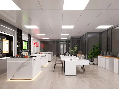 Modern Office Reception Area With White Marble Counter Glass Partitions And Green Plants 3d model