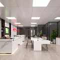 Modern Office Reception Area With White Marble Counter Glass Partitions And Green Plants