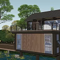 Modern Guesthouse Building With Large Glass Windows Wooden Structure Surrounding Greenery And Water Features