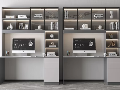 Modern Double Desks With Computer Monitors And Shelves Holding Books Vases Frames And Clock 3d model