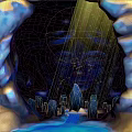 Cave Interior With Blue Rock Formations Yellow Light Beam Sparkling Particles And Water Pool