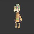 Pink Haired Female Figure Wearing Orange Apron Holding Small Orange Creature With Boots
