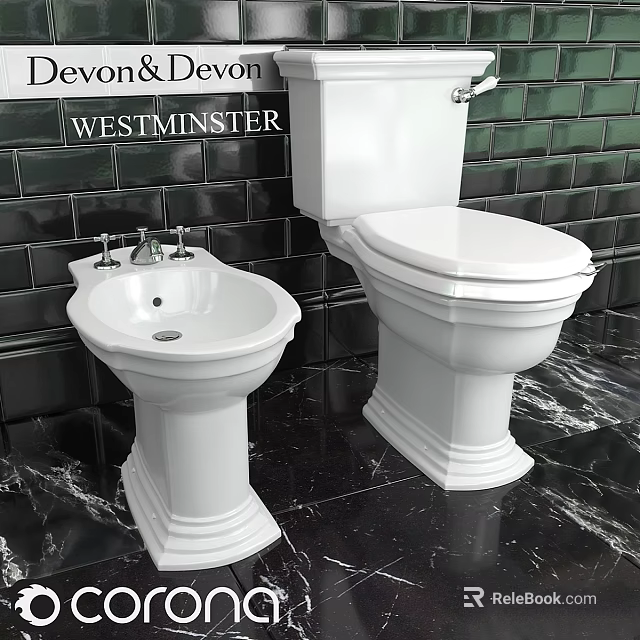 White Toilet with Pedestal Sink in Bathroom with Black Tiled Wall 3d model 