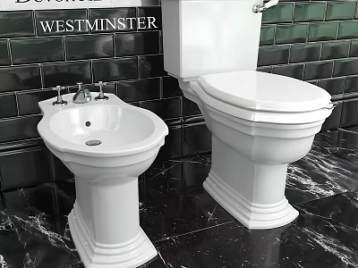 White Toilet with Pedestal Sink in Bathroom with Black Tiled Wall 3d model