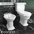 White Toilet with Pedestal Sink in Bathroom with Black Tiled Wall