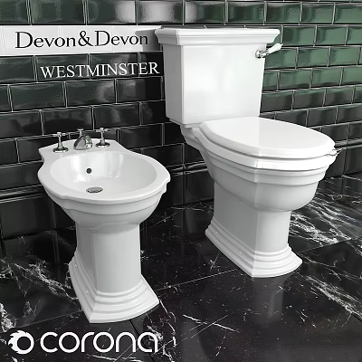 White Toilet with Pedestal Sink in Bathroom with Black Tiled Wall 3d model