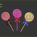 Three Vibrant Swirl Lollipops With Black Red Blue Bows And Shiny Surface On Dark Background