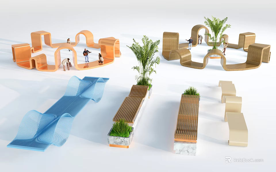 Modern Leisure Chairs With Wooden Fabric Design Blue Beige Color And Green Plants Marble Base 3d model 