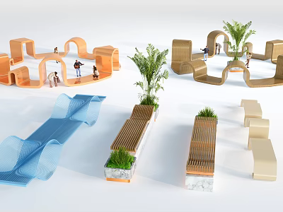 Modern Leisure Chairs With Wooden Fabric Design Blue Beige Color And Green Plants Marble Base 3d model